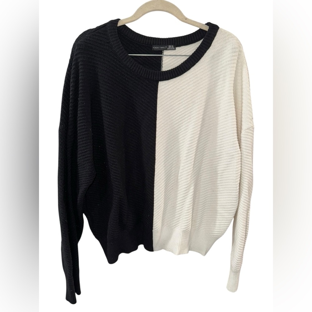 Black Tape_ Black and White Split Crewneck Sweater